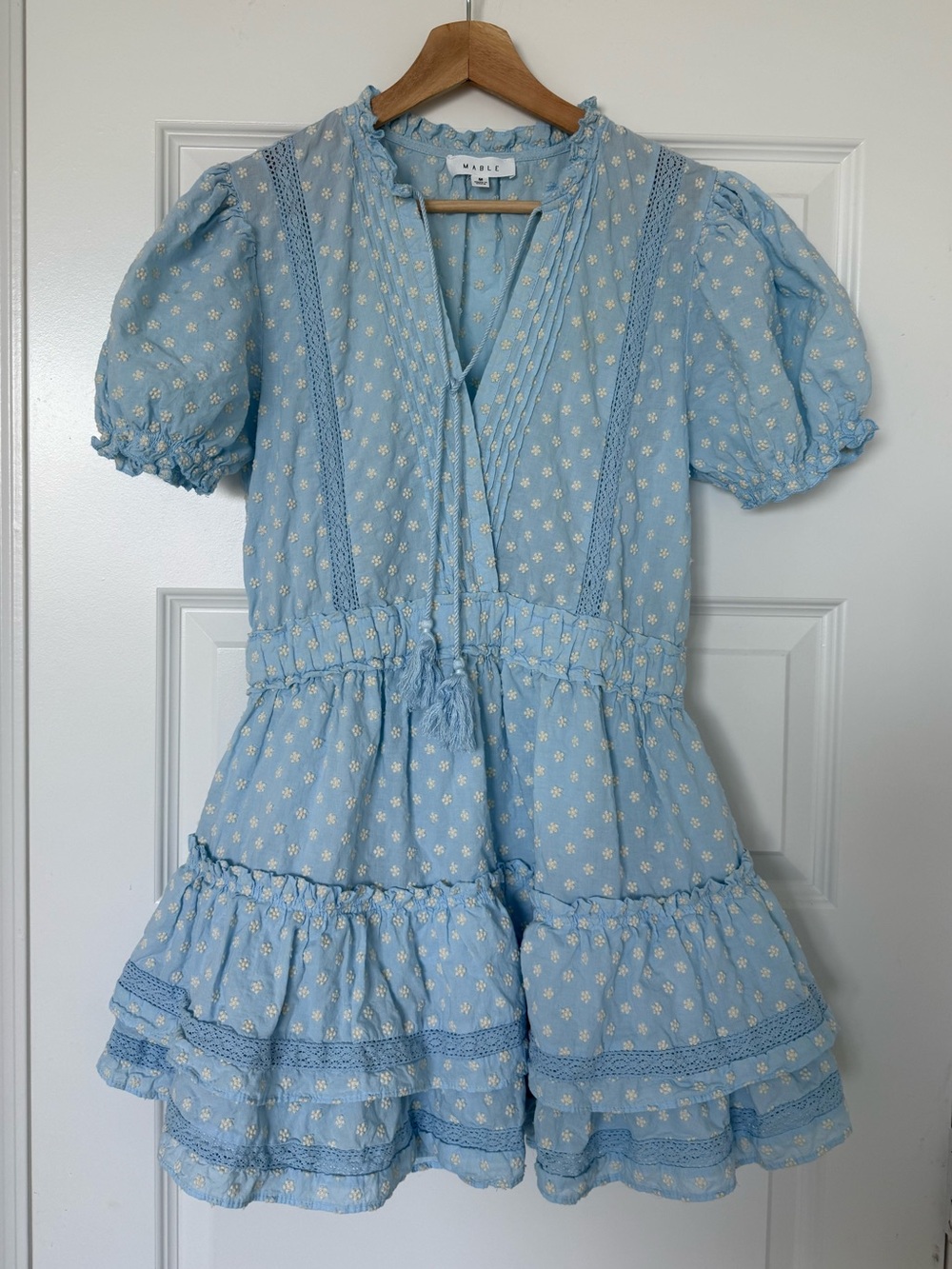 Mable Blue Mini Dress Floral Embroidered Puff Sleeve Medium Cotton V Neck